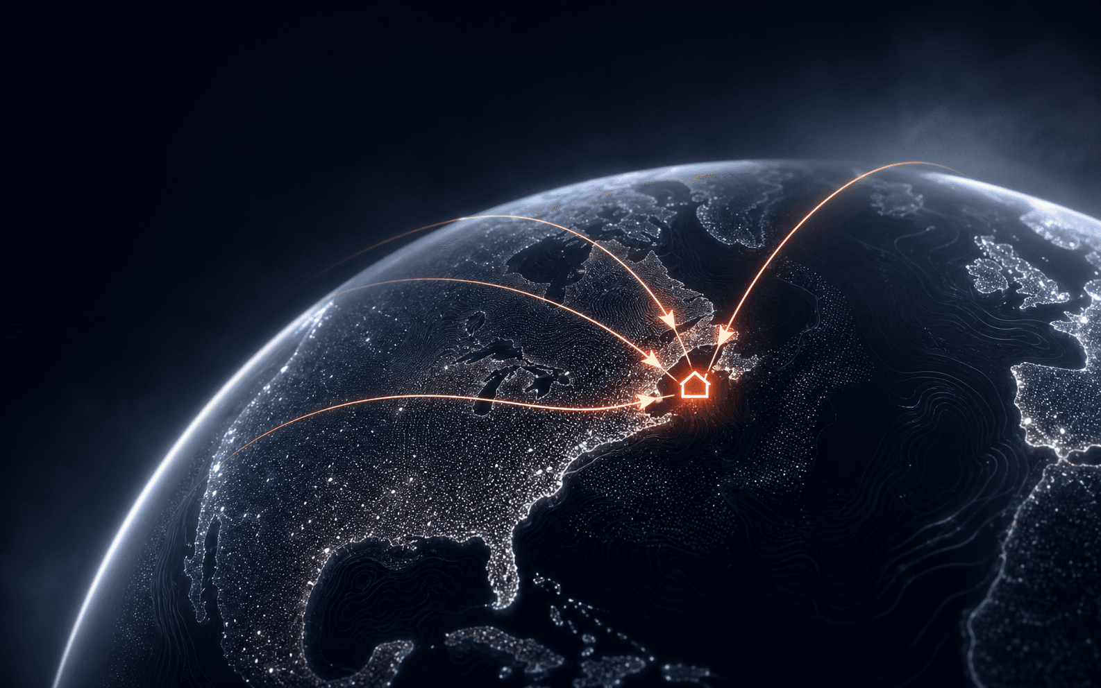 Search signals converging on a home across a silver digital atlas