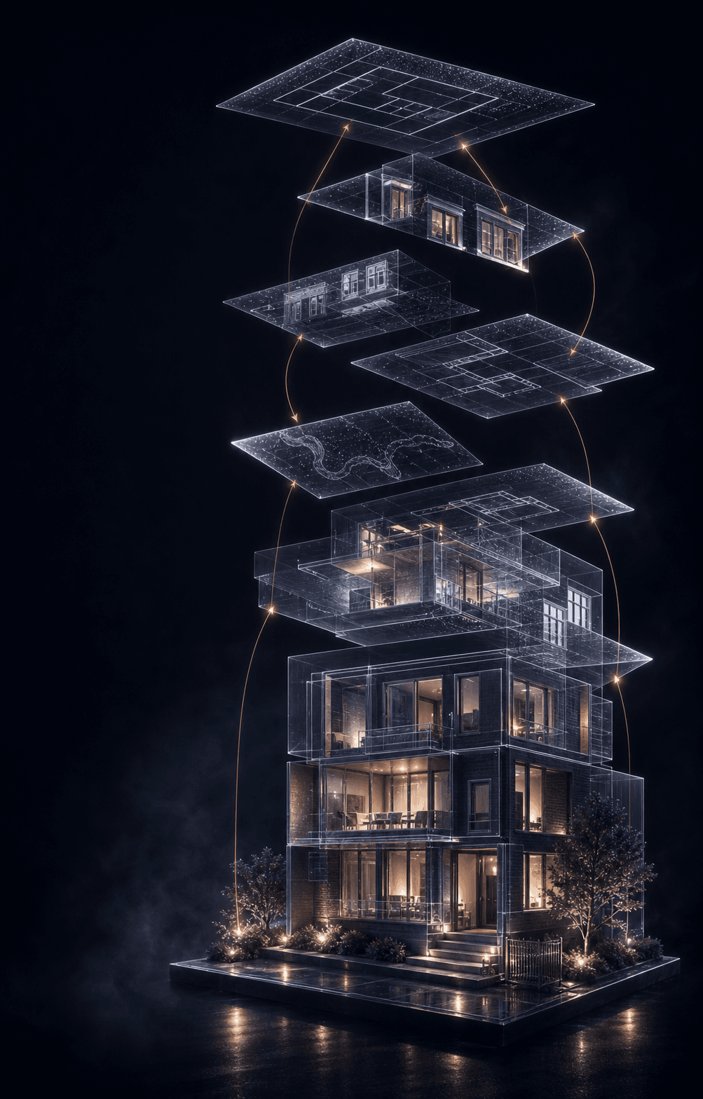 Layered move evidence assembling into an apartment building